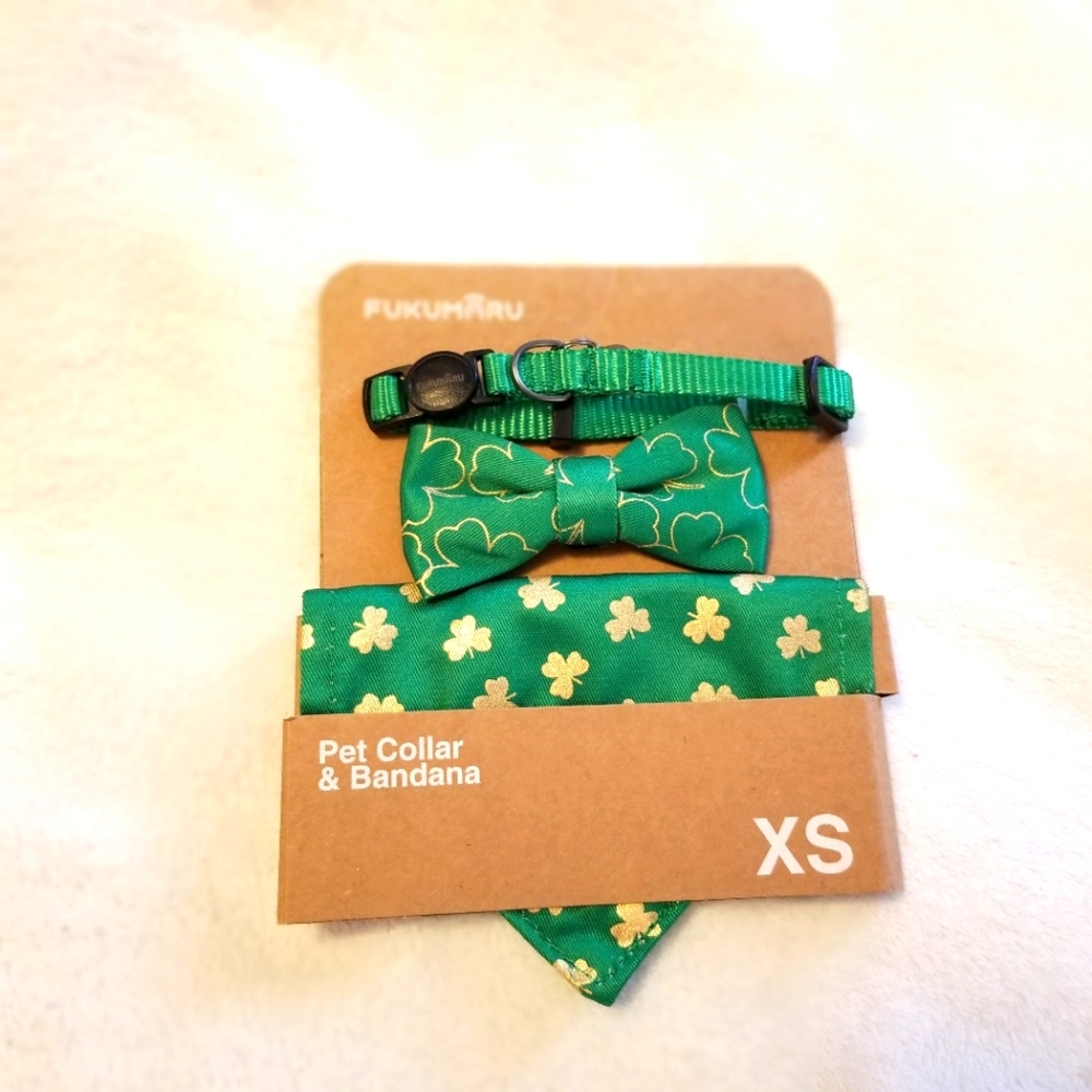 St Patrick's Day New Dog/Cat Green with Gold Shamrocks Collar & Bandana & Bow XS